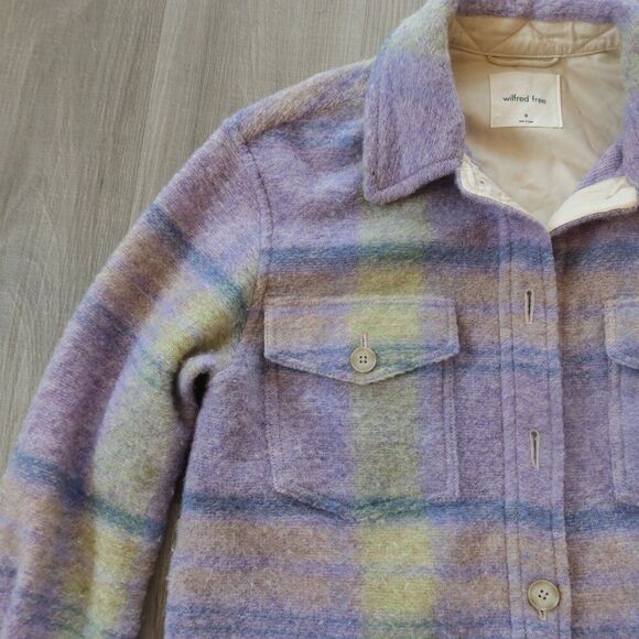 ARITZIA WILFRED THE GANNA shirt jacket purple plaid wool pockets M preppy fall - Picture 2 of 10
